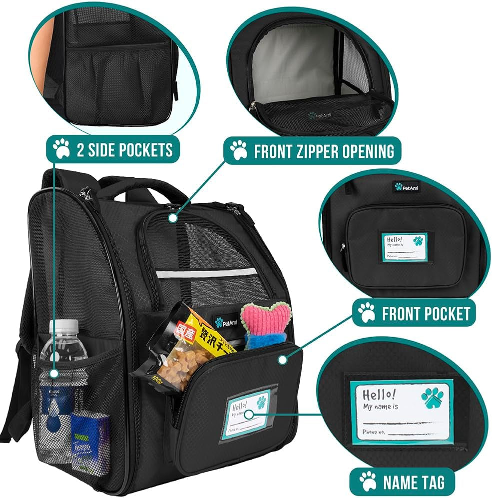 Petami Dog Backpack Carrier for Small Large Cat, Pet, Puppy, Ventilated Pet Hiking Backpack Travel Bag, Airline Approved Cat Backpack Carrier, Camping Biking Dog Bag up to 18Lbs Pet, Black