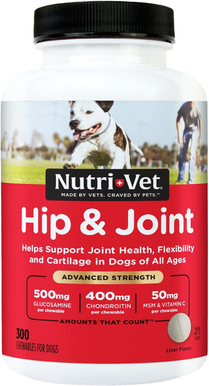 Nutri-Vet Advanced Strength Hip & Joint Chewable Dog Supplements - Formulated with Glucosamine & Chondroitin to Support Dog Cartilage & Mobility - 300 Tablets