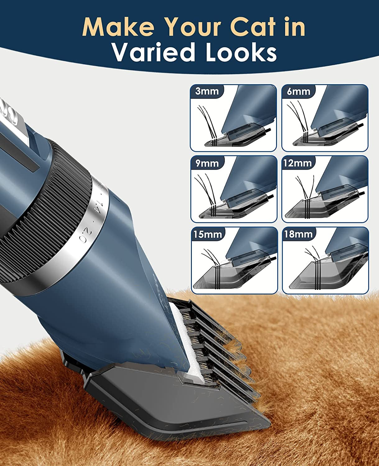 Ooneisall Quiet Cat Clippers for Matted & Long Hair, 2-Speed Cordless Pet Shaver Grooming Kit for Cats, Small Dogs & Animals (Blue)