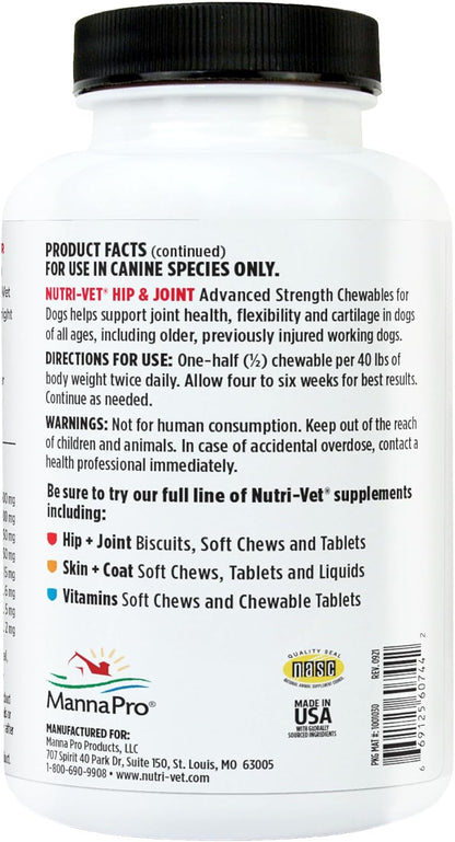 Nutri-Vet Advanced Strength Hip & Joint Chewable Dog Supplements - Formulated with Glucosamine & Chondroitin to Support Dog Cartilage & Mobility - 300 Tablets