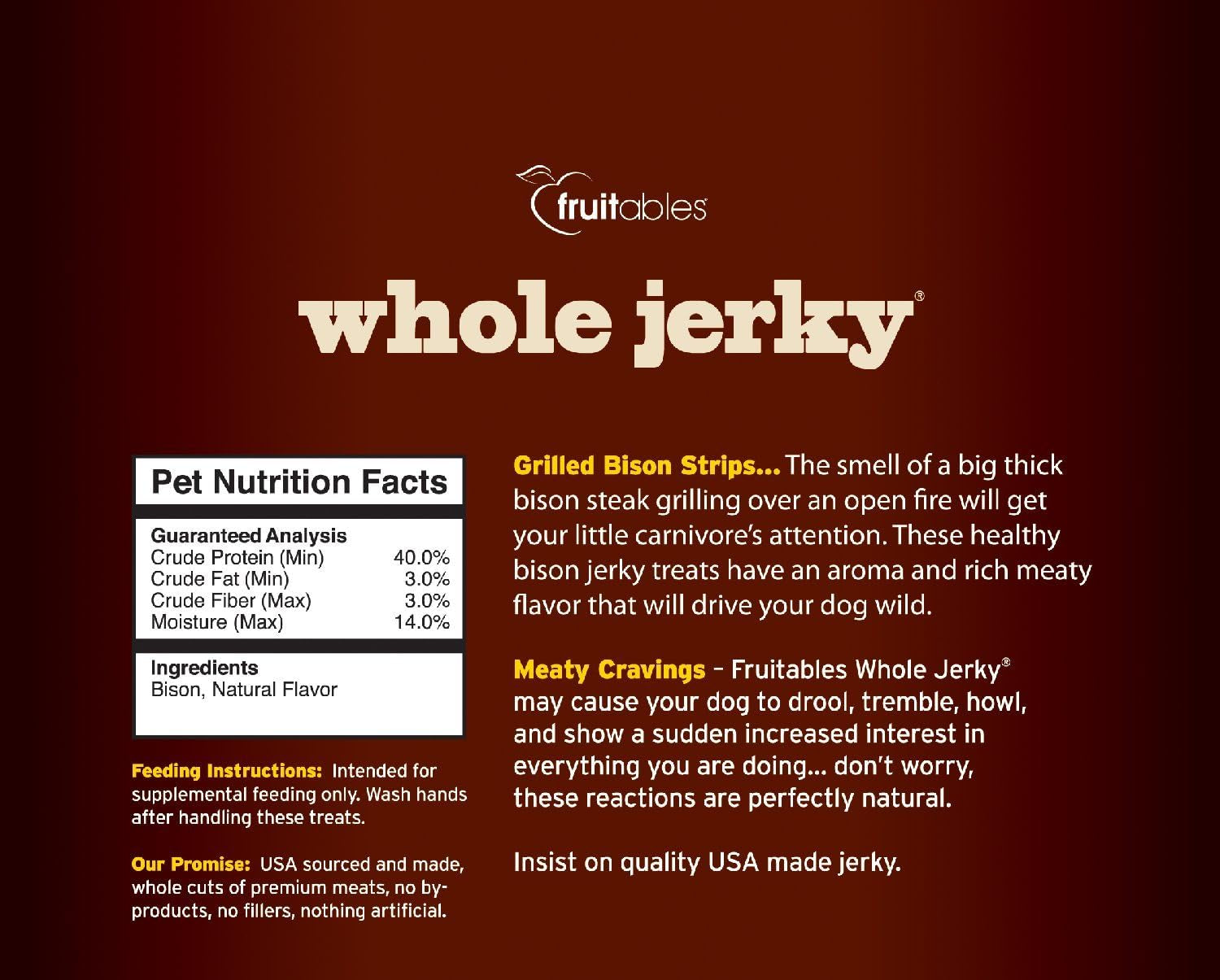 Fruitables Whole Jerky Dog Treats | Jerky Strips for Dogs | Gluten Free, Grain Free, Wheat Free | Made with Premium Meat and No Added Fillers | Grilled Bison | 12 Ounces